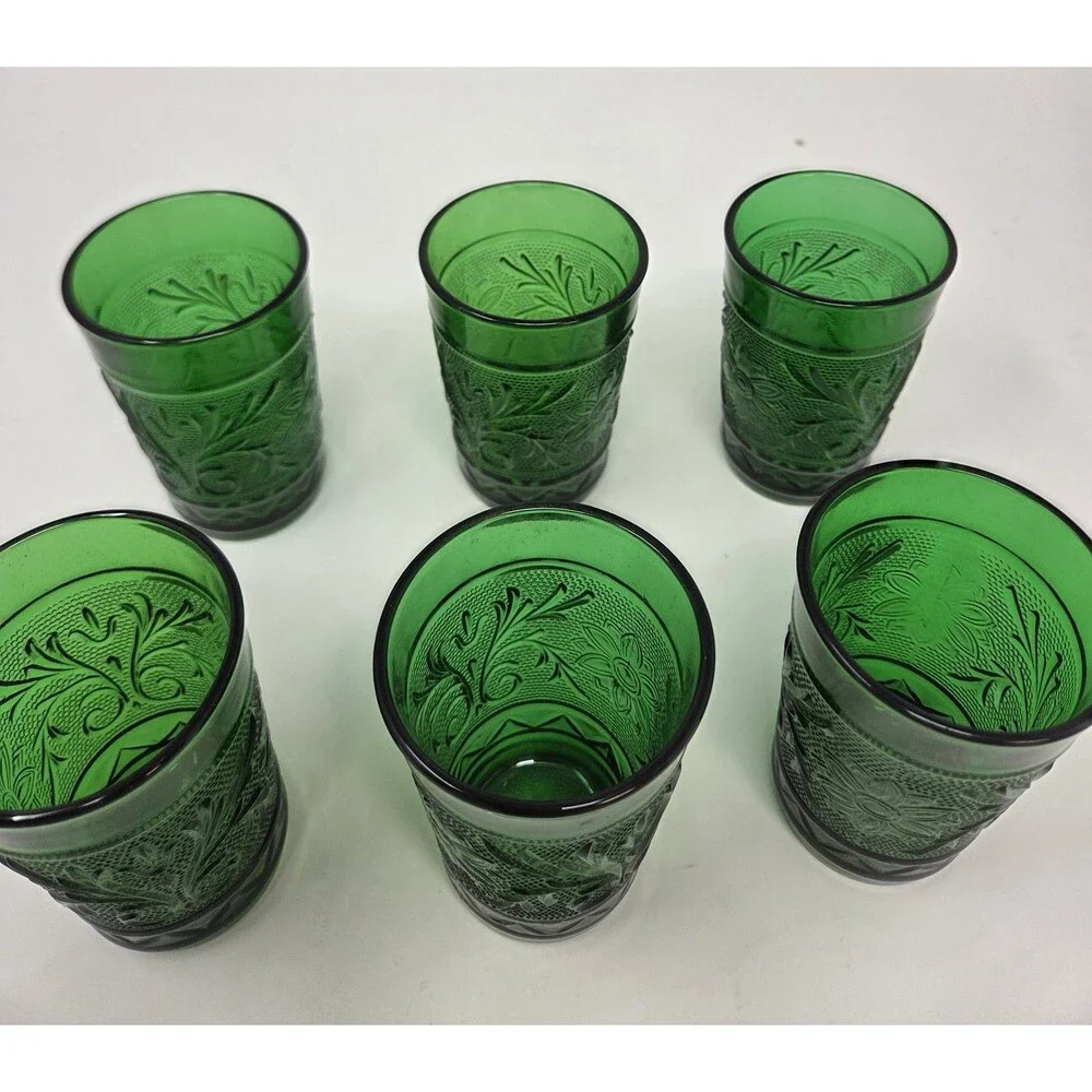 Anchor Hocking Sandwich Forest Green Juice Tumblers Set 6 Vintage Pressed Glass